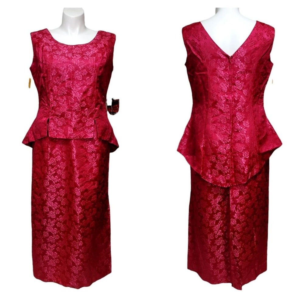 Vintage Anne Carter Beckendorf Red‎ Floral Brocade Peplum Top Maxi Skirt Set NOS